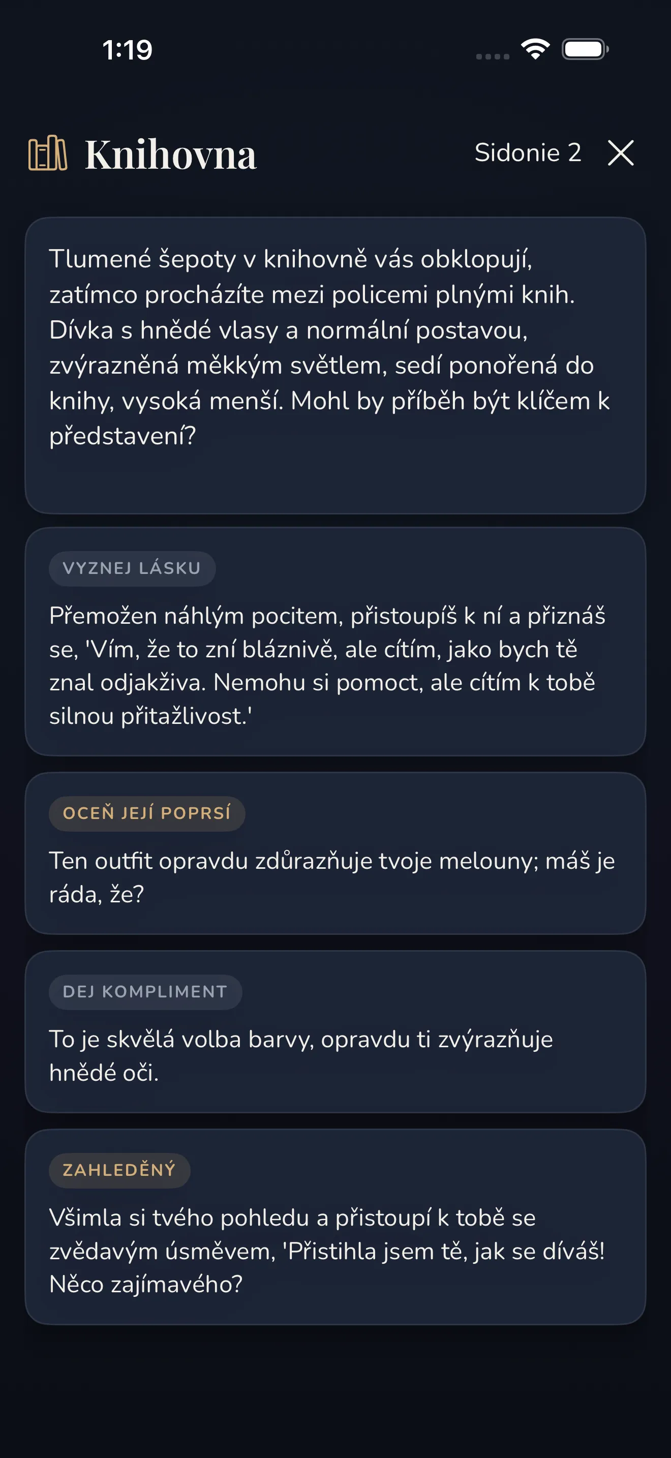 Konverzace v Charmismu v knihovně se čtyřmi způsoby, jak odpovědět.