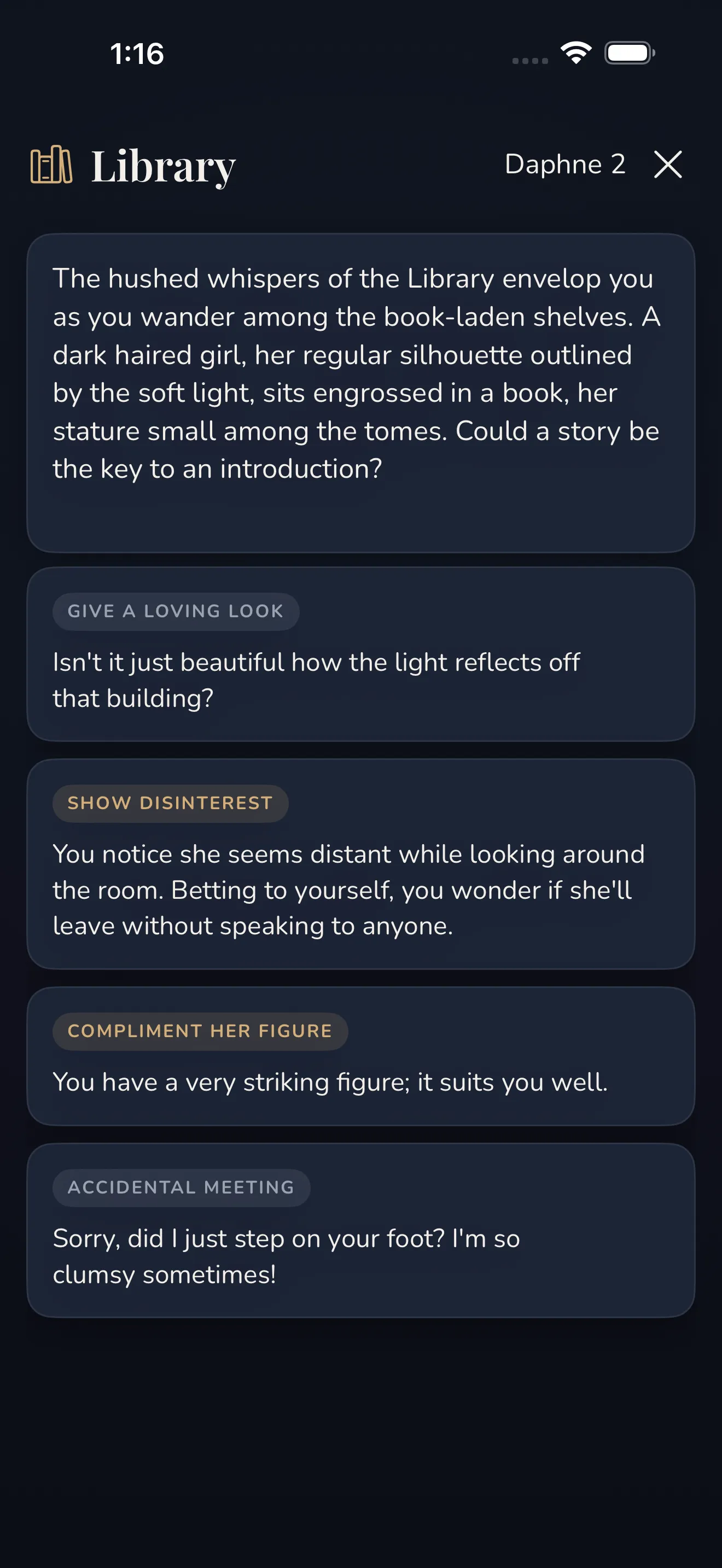 A Charmismo conversation in the library with four ways to respond.