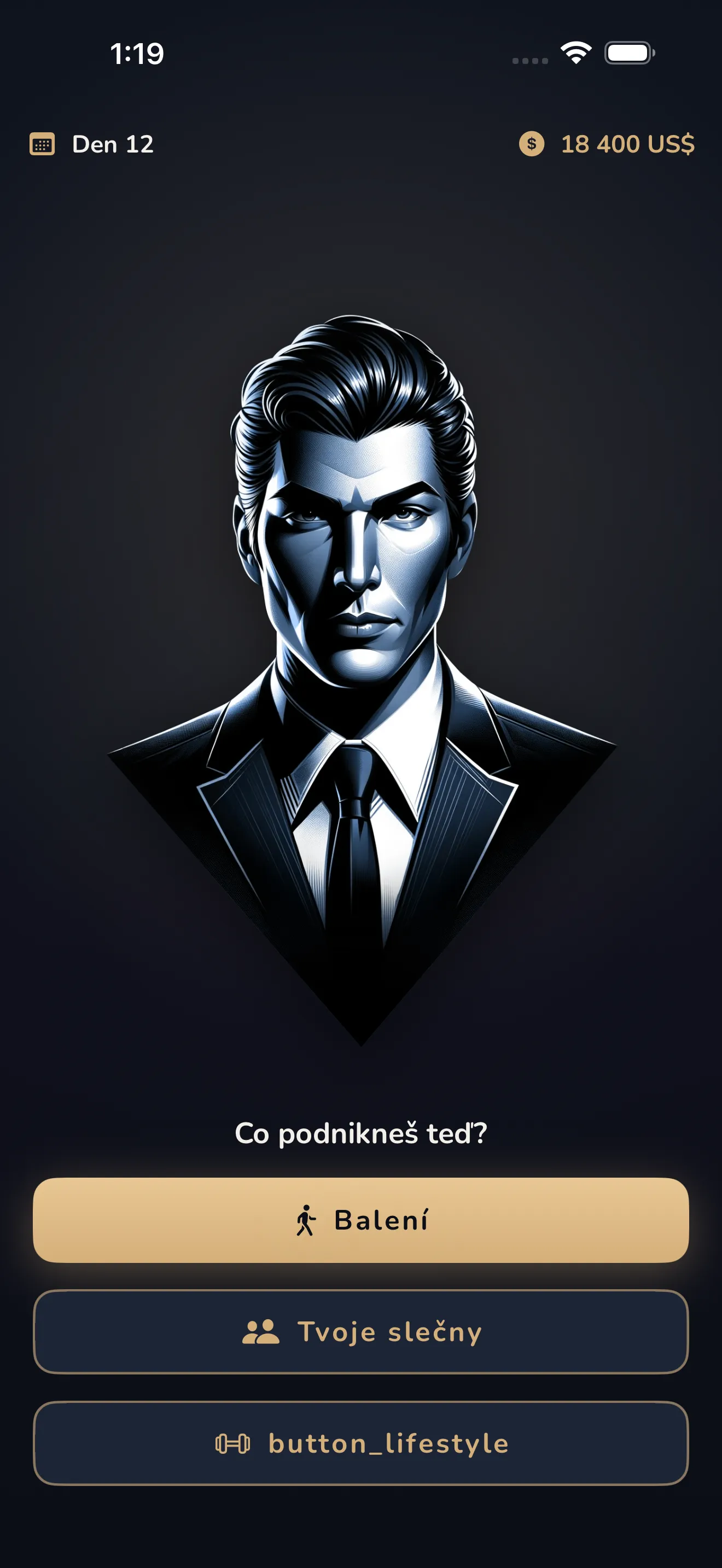 Domovská obrazovka Charmisma s dnem, zůstatkem a tvým dalším tahem.
