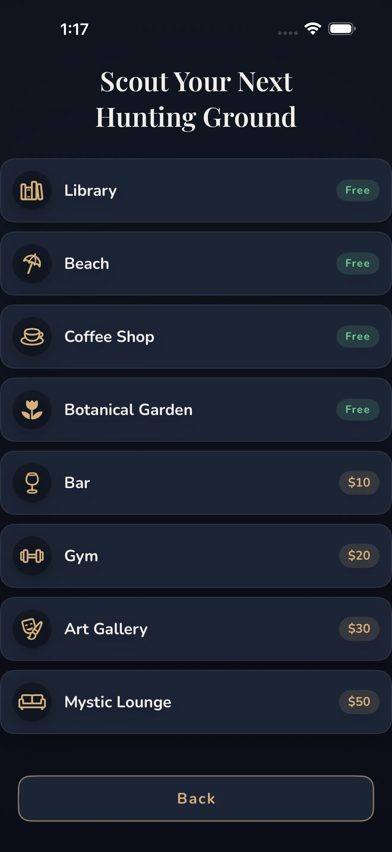 The Charmismo locations list with bars, cafés, gyms, and events to visit.