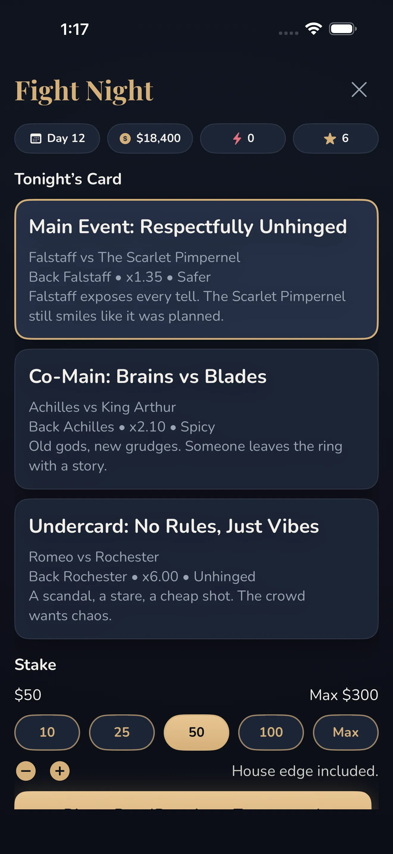 The Charmismo fight night screen with tonight’s card and a stake to place.