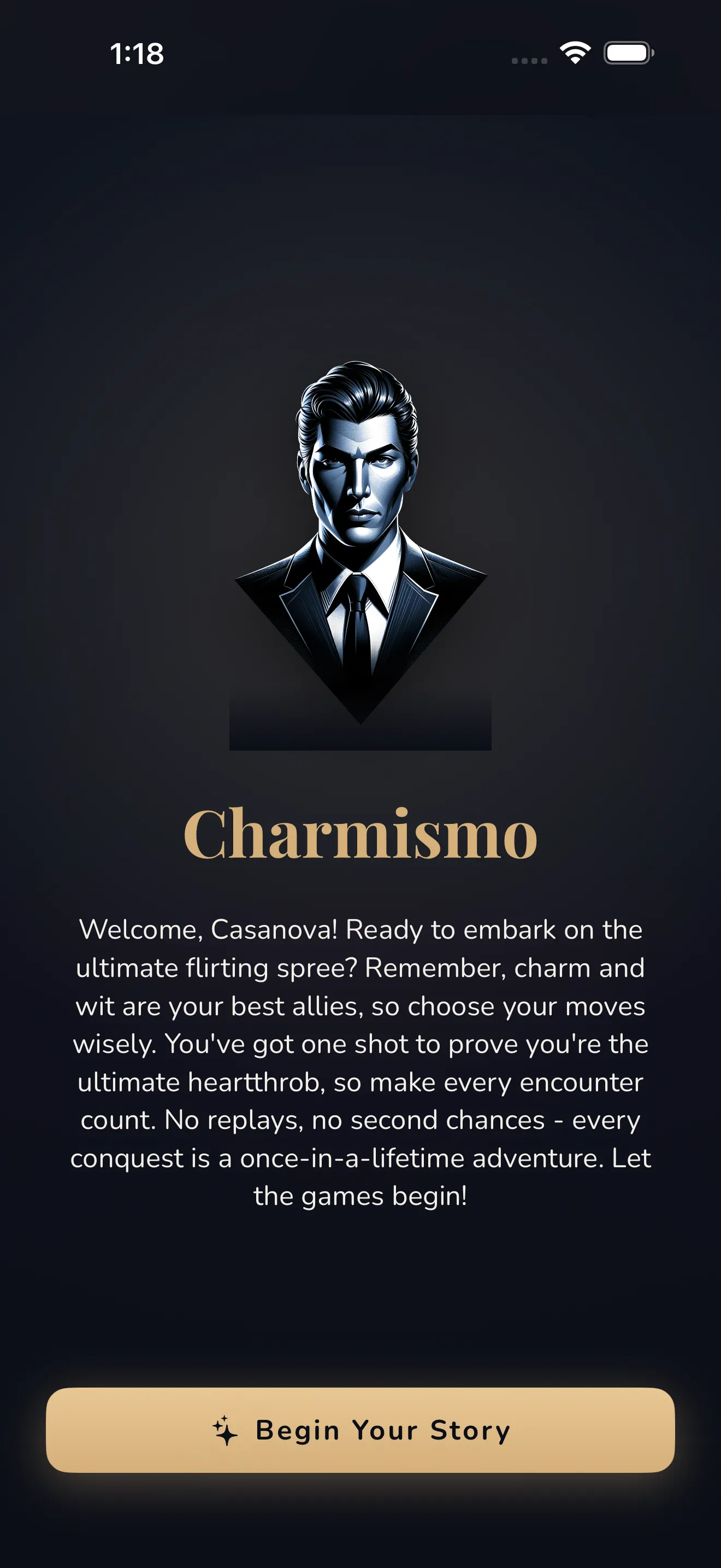 The Charmismo welcome screen inviting you to begin your story.