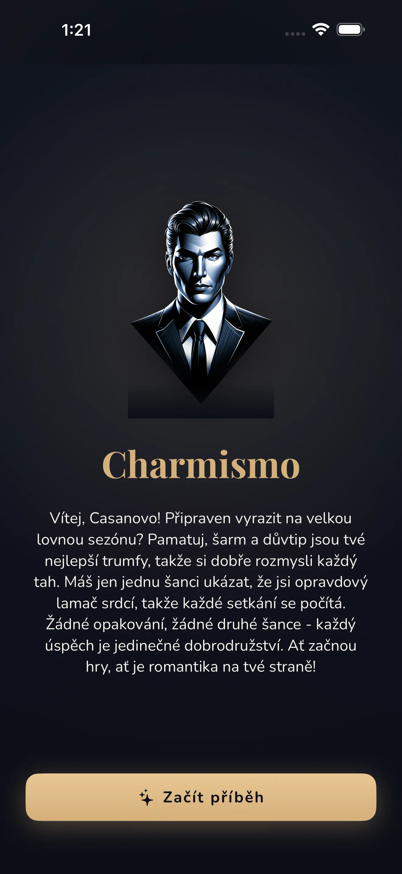 Uvítací obrazovka Charmisma, která tě zve začít svůj příběh.